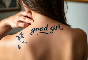 Obedient woman with a man’s hand squeezing her face and thumb in her mouth. Text saying “good girl” in traditional style over top tattoo idea
