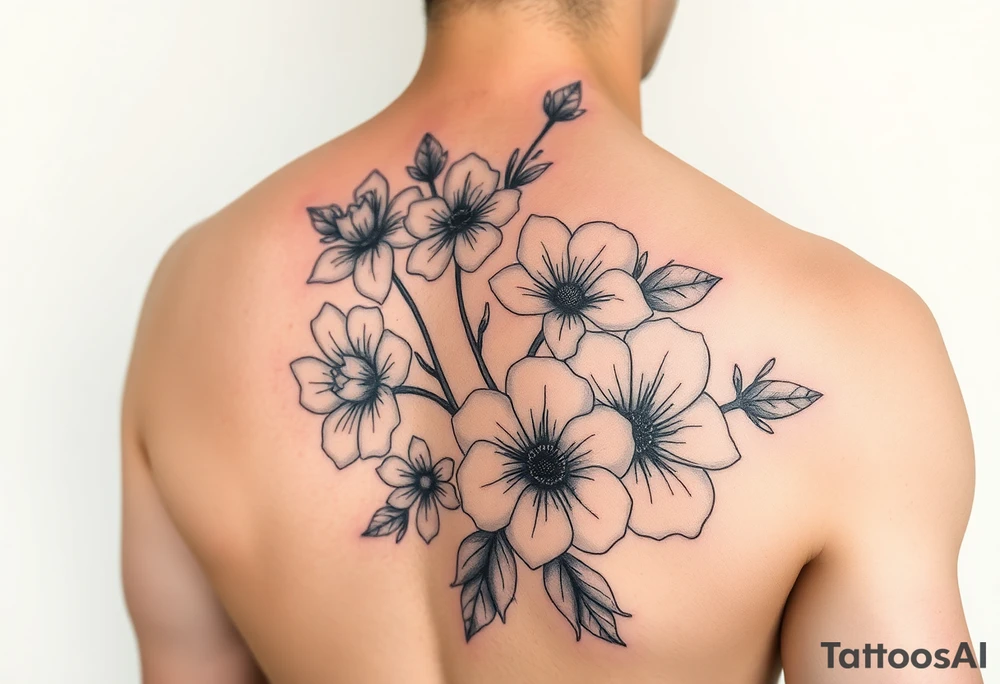 Upper arm and shoulder sleeve
Realistic
Water color
Fine line
Birth flowers for the months of
February 
July
August
October
December tattoo idea