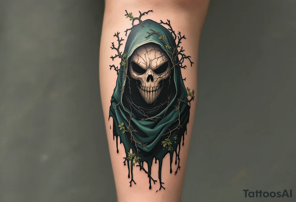 Plague Doctor with Thorned Vines – A mysterious plague doctor with tipical mask cloaked in dark green and black, with thorny vines creeping over the robe and mask, symbolizing death and rebirth. The mask is cracked, with moss growing in its crevices. tattoo idea