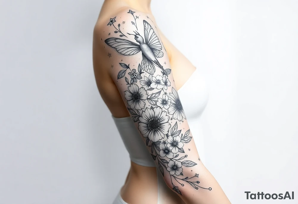 Magical mythical animal sleeve with fairies and flowers, including some geometric aspects tattoo idea