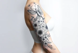 Magical mythical animal sleeve with fairies and flowers, including some geometric aspects tattoo idea