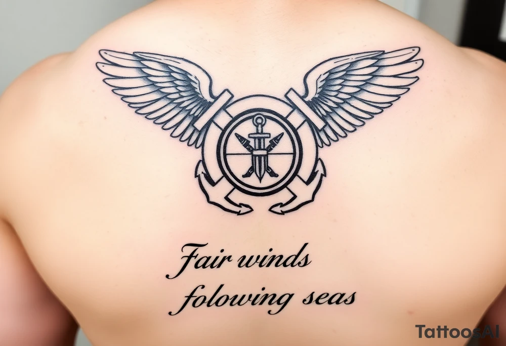 Fair winds and following seas (scripture) below United States coast guard emblem being carried by angel wings ocean boat anchor tattoo idea