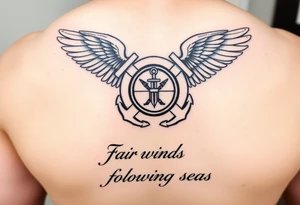 Fair winds and following seas (scripture) below United States coast guard emblem being carried by angel wings ocean boat anchor tattoo idea