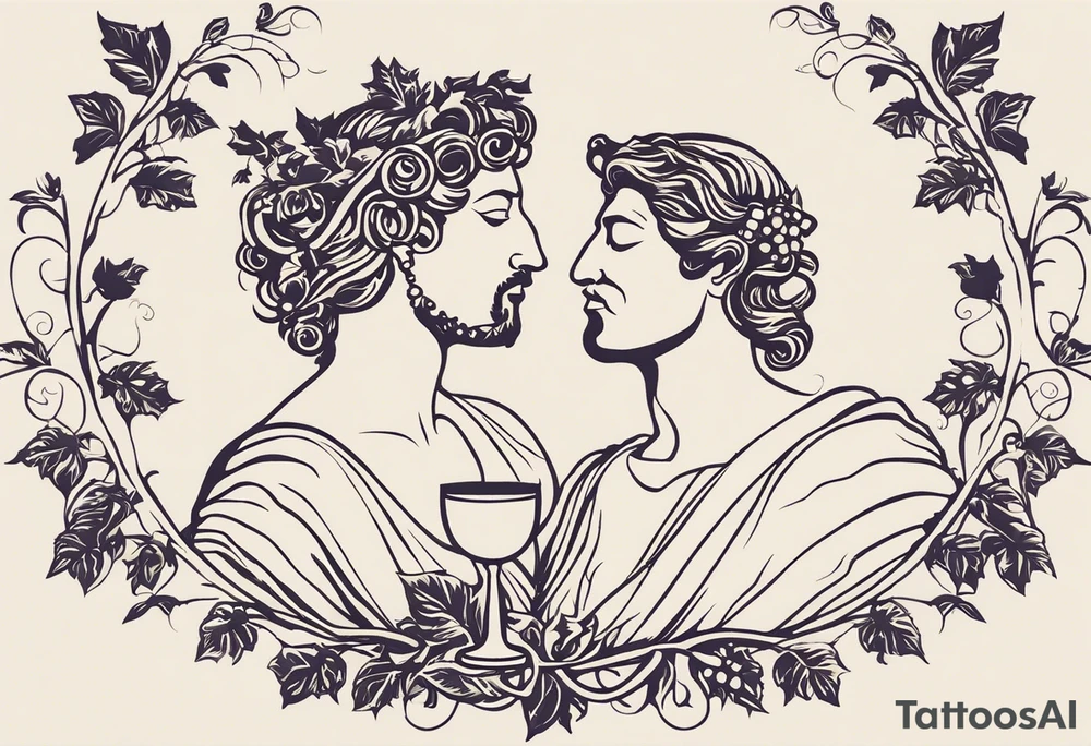 "Design a minimalist tattoo featuring Dionysus, incorporating his connection with both wine and theater. Consider a clean and elegant portrayal of Dionysus holding a theatrical mask in one hand and a goblet of wine in the other, symbolizing his dual domains of revelry and drama. Surround him with subtle elements like grapevines or ivy leaves to further emphasize his association with wine. Ensure the design maintains a minimalist aesthetic while capturing Dionysus's affection for theater, seamlessly blending his attributes in a visually compelling way." tattoo idea