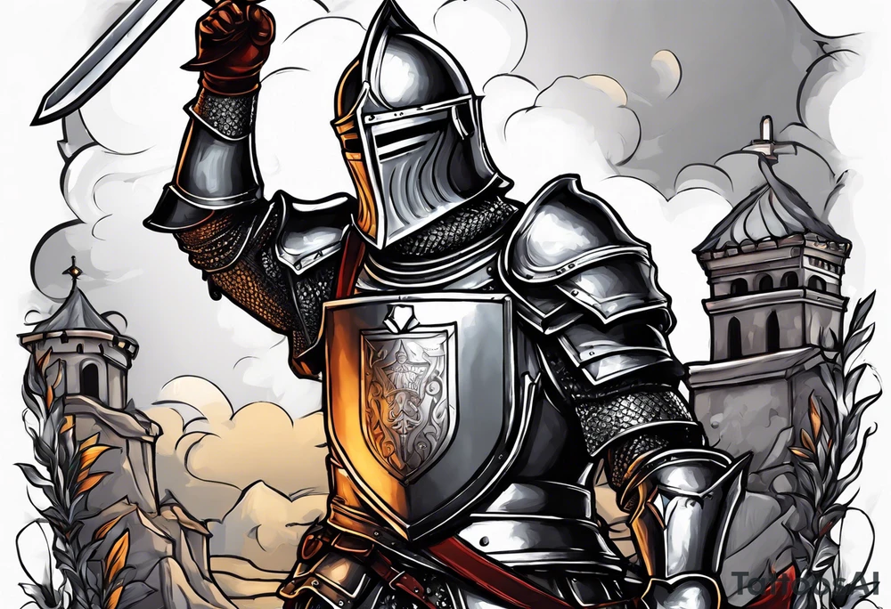 knight holding a bible over his head in combat tattoo idea