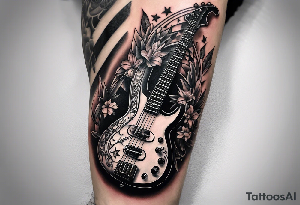 Tattoo full left arm with a collage of a bass guitar, a medicine caduceus, two stars tattoo idea