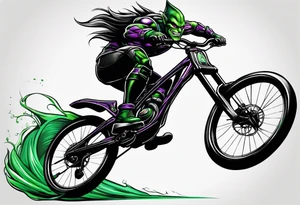 Green goblin riding a full suspension carbon fiber mountain bike tattoo idea