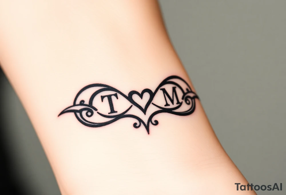 An infinity symbol with two initials T and M on each loop and a tiny heart in the center in black ink tattoo idea