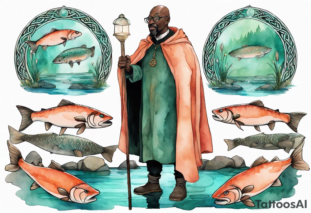 a 50-year-old medieval black man wearing salmon and teal cloak and round glasses standing by a pond with a salmon in it tattoo idea