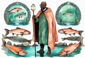 a 50-year-old medieval black man wearing salmon and teal cloak and round glasses standing by a pond with a salmon in it tattoo idea