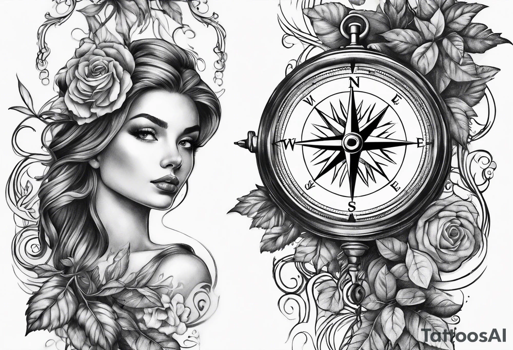 Vine branch long with compass tattoo idea