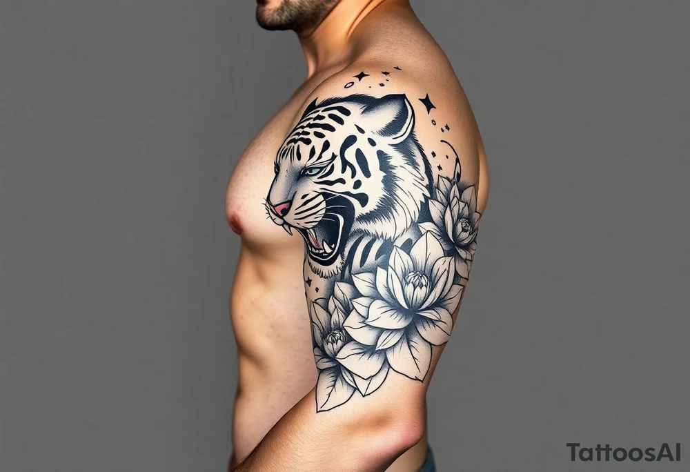 fierce tiger emerging through blooming lotus flowers in mist tattoo idea