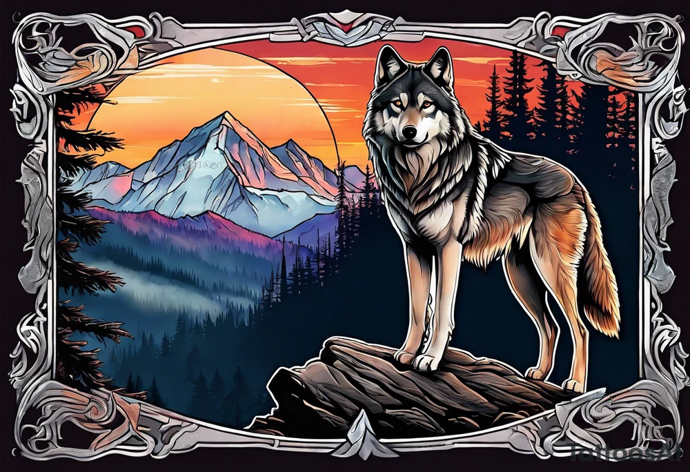 Wolves spouses
Dark woods
Mountains
Sunset tattoo idea