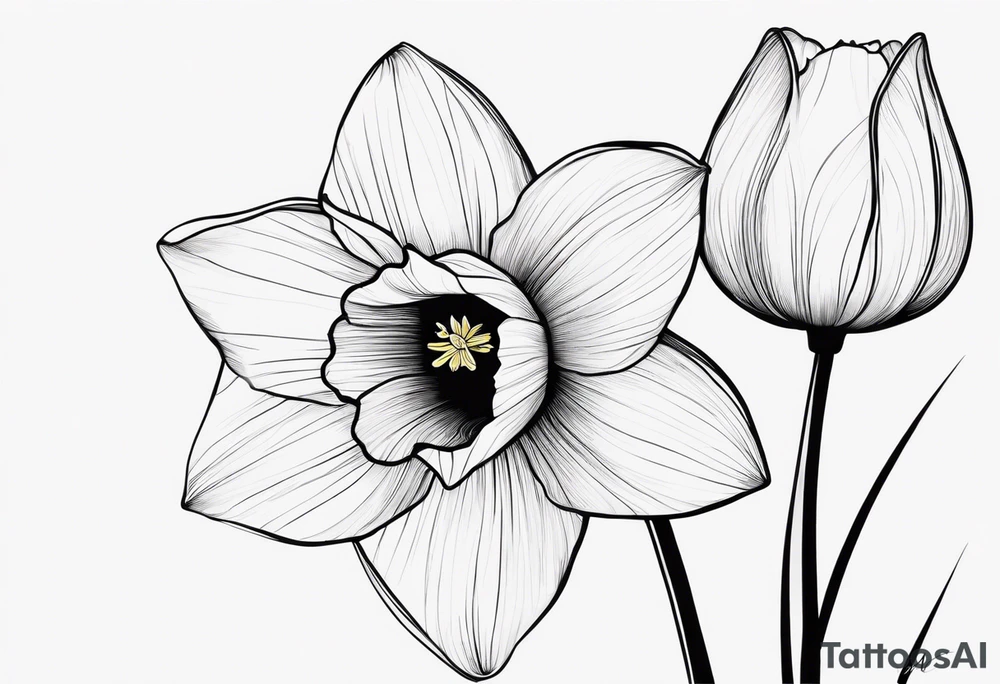 A minimalist daffodil flower. Let the daffodil flower be minimalist and have yellow lines. And has a 52o flowers. Let the stem of the flower extend downwards and instead of the stem write "muadil" in cursive tattoo idea