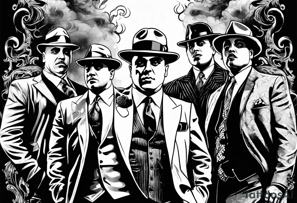 group of gangsters including Al Capone with machine guns surrounded by smoke and fire tattoo idea
