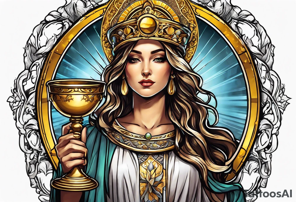 woman saint holding chalice surrounded by golden halo tattoo idea