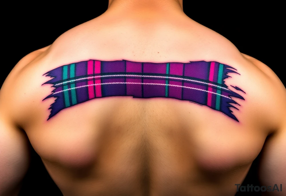 Dark Purple with green pink blue and white highlights tartan fabric on arm with skin ripping away at edges tattoo idea