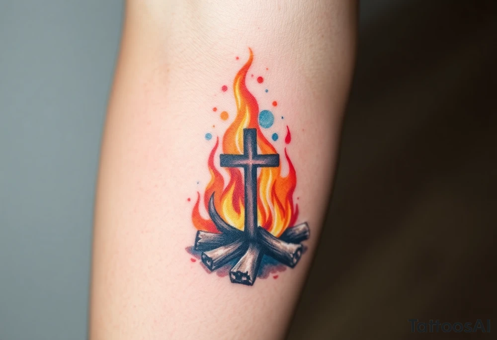 Campfire with a cross hidden in the flames tattoo idea