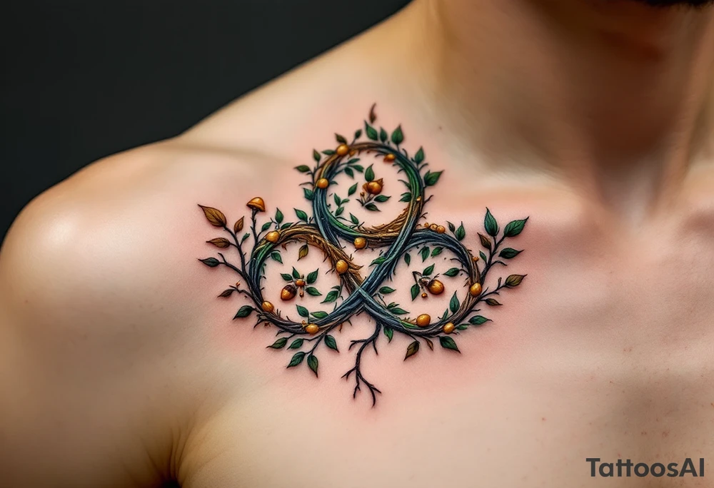 A nature-inspired triskelion design in earthy greens, browns, and golds, resembling intertwined vines or tree roots. The spirals can be adorned with tiny leaves, acorns, or even mushrooms, symbolizing growth, connection, and renewal. tattoo idea