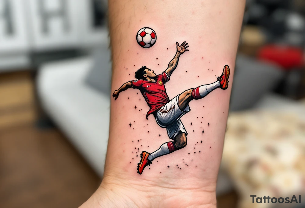 A comic-style football player doing a bicycle kick, red jersey sparkling, white shorts flying, with a red-and-white ball overhead. tattoo idea
