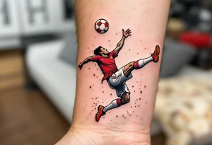 A comic-style football player doing a bicycle kick, red jersey sparkling, white shorts flying, with a red-and-white ball overhead. tattoo idea