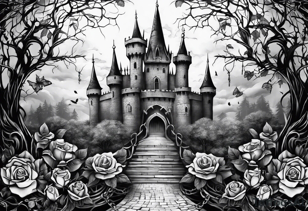 tattoo fool sleeve, dark gothic castle, tree roots break out of the chains, broken mask, roses tattoo idea