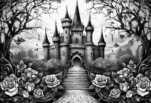 tattoo fool sleeve, dark gothic castle, tree roots break out of the chains, broken mask, roses tattoo idea
