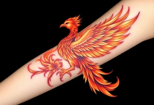 large fiery phoenix surrounded by fire. with a crown of fire flapping wings with a flaming tail tattoo idea