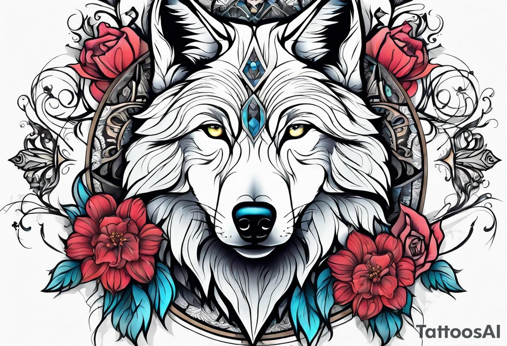 Wolf, flower, cross tattoo idea