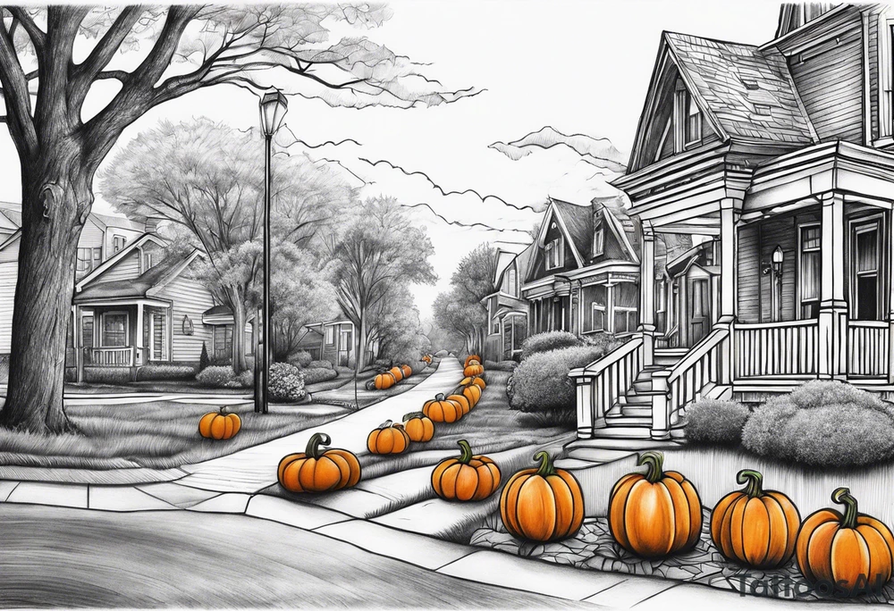 Neighborhood street in fall with Halloween pumpkin tattoo idea