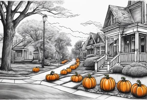 Neighborhood street in fall with Halloween pumpkin tattoo idea