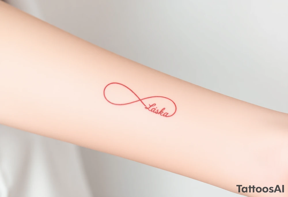 A delicate thin-line infinity sign in soft rose gold, with "Láska" in elegant cursive script integrated into the flow tattoo idea