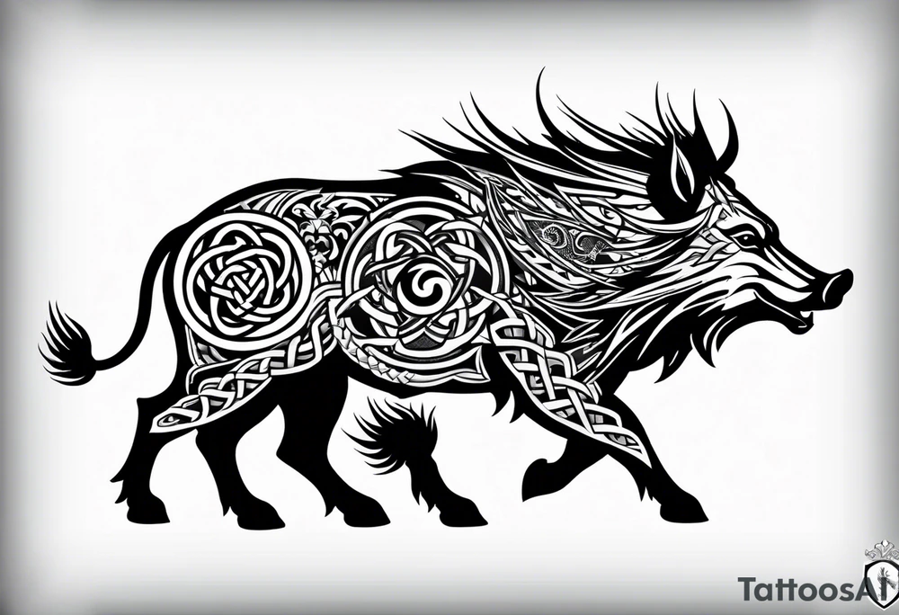 chatwin family crest In background, Side profile, tribal Celtic wild boar Viking style tattoo. With Thistle’s. Fierce wild boar tattoo idea
