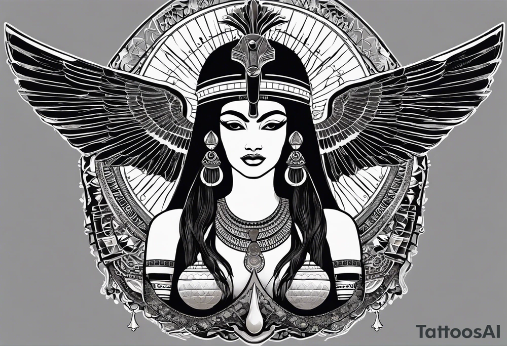 black and white Egyptian goddess Isis, who is often depicted as a woman with outstretched wings, holding an ankh (a symbol of life) in one hand and a lotus flower in the other. Her headdress often includes a throne or a solar disk. The tattoo design can vary in style and size, but it typically aims to capture the essence of this revered Egyptian deity, emphasizing her beauty, power, and maternal qualities. The choice of colors and additional elements can also be customized to create a unique and visually striking representation of the goddess Isis tattoo idea