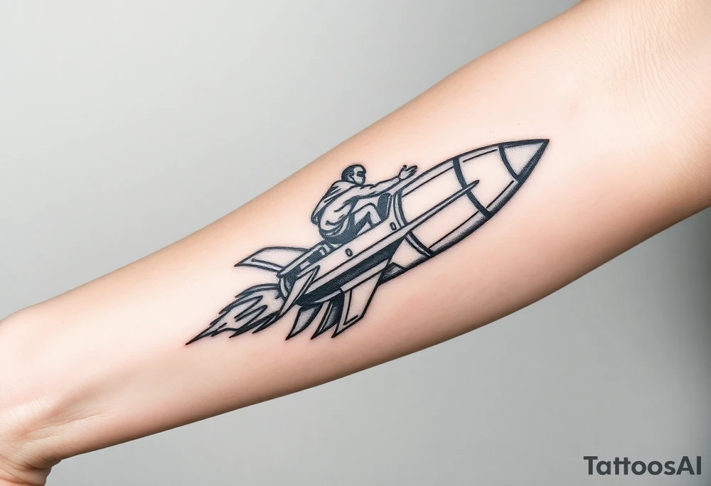 Rocket ship with sparks coming out of the back and someone riding it tattoo idea