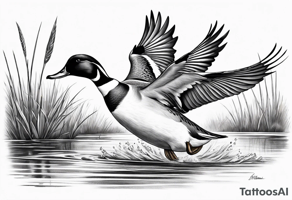 pintail duck flying in the marsh tattoo idea