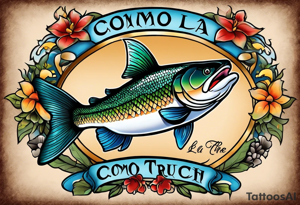 A small tattoo with a shaded trout and text that says, 'Como la trucha...' drawn with fine lines." tattoo idea