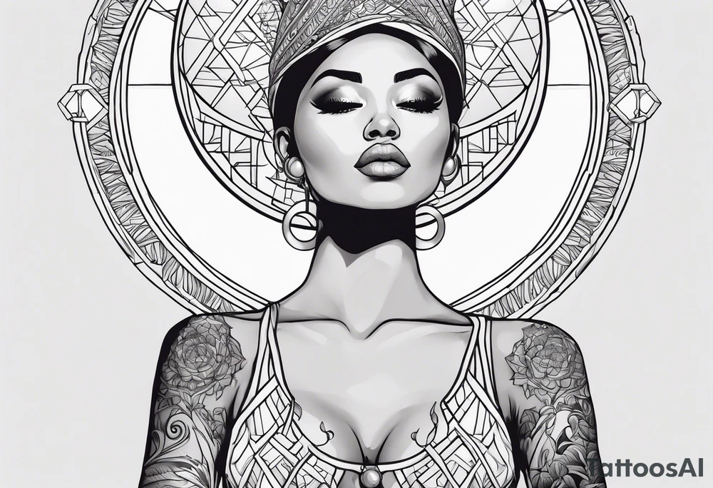 Woman holding orb of divinity directly over her head tattoo idea