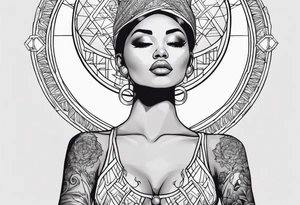 Woman holding orb of divinity directly over her head tattoo idea