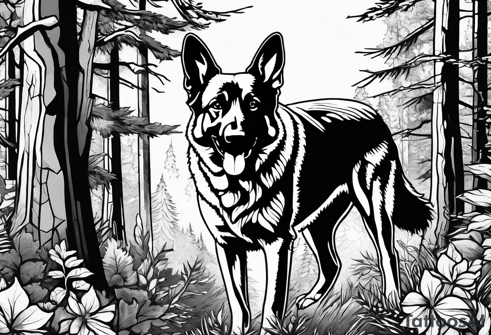 German shepherd dog walking in a forest tattoo idea