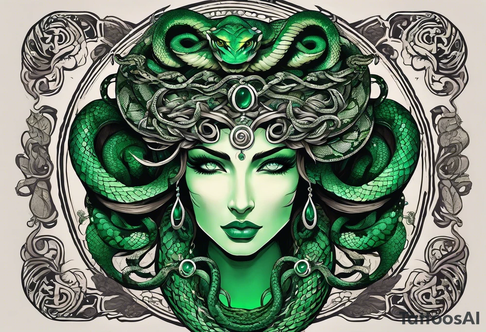Serpent-themed female Medusa with intense features, snakes forming her hair, glowing green eyes, intricate snake patterns on the body, coiled around a Grecian column in a dimly lit ancient temple. tattoo idea