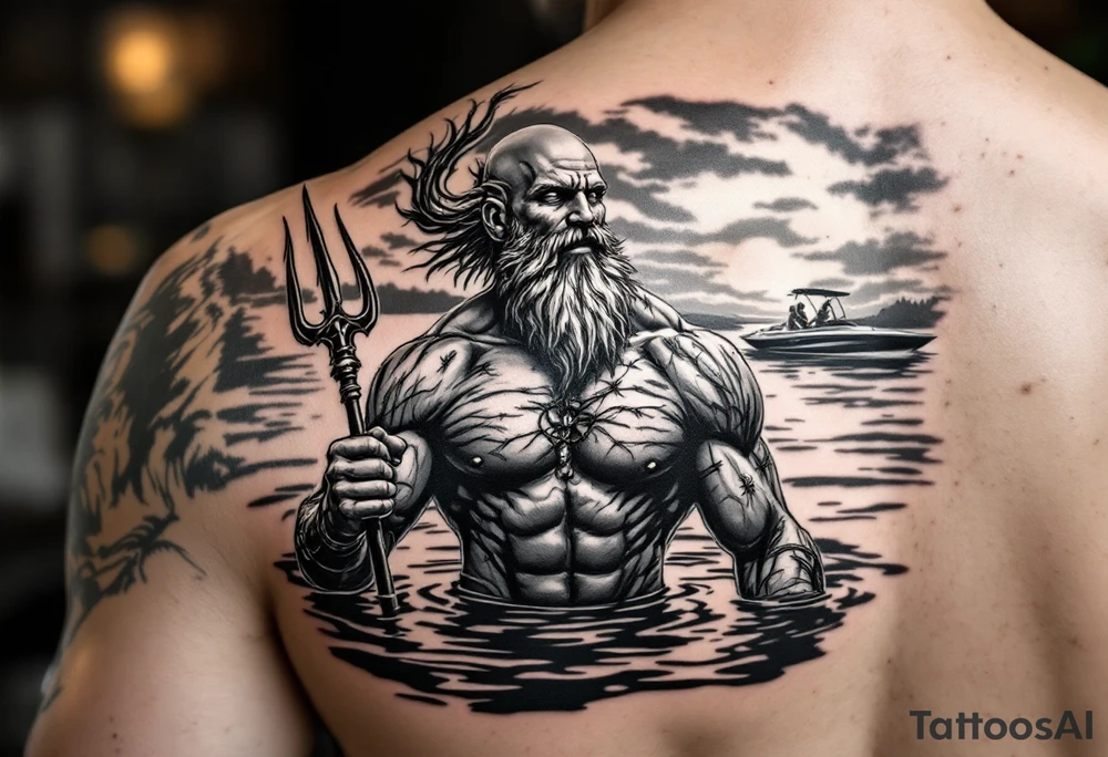 young, happy, fit, balding, poseidon in calm water, holding a trident, drinking a beer, with sunset, with ski boat tattoo idea