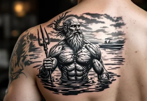 young, happy, fit, balding, poseidon in calm water, holding a trident, drinking a beer, with sunset, with ski boat tattoo idea