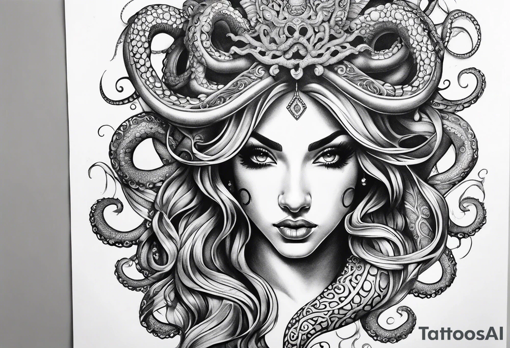 Middle eastern Medusa tattoo with a beautiful face only showing from the nose up. Octopus tentacles for hair tattoo idea