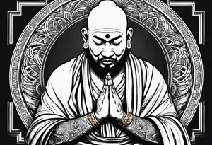 Monk head facing down seriously meditating while doing namaste hand full body tattoo idea