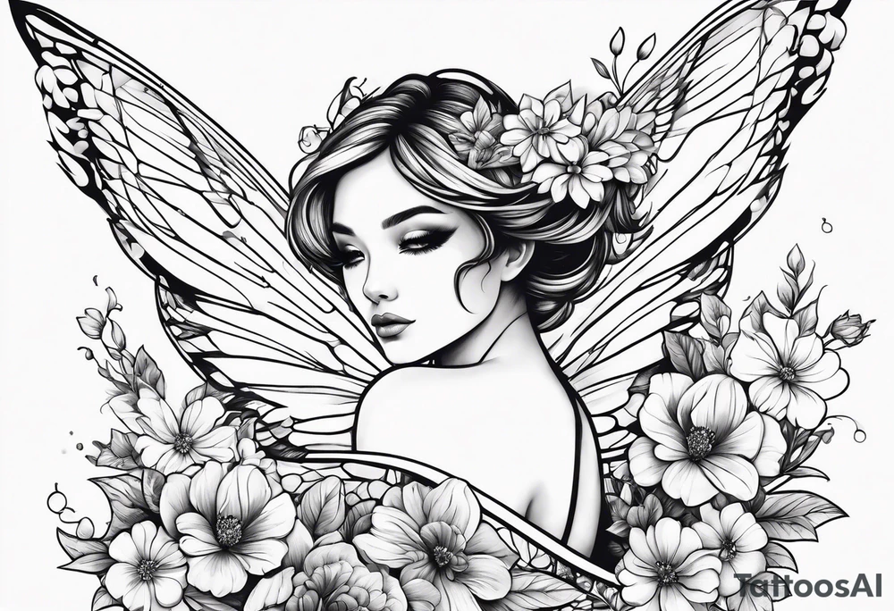 Flying Fairy with flowers tattoo idea