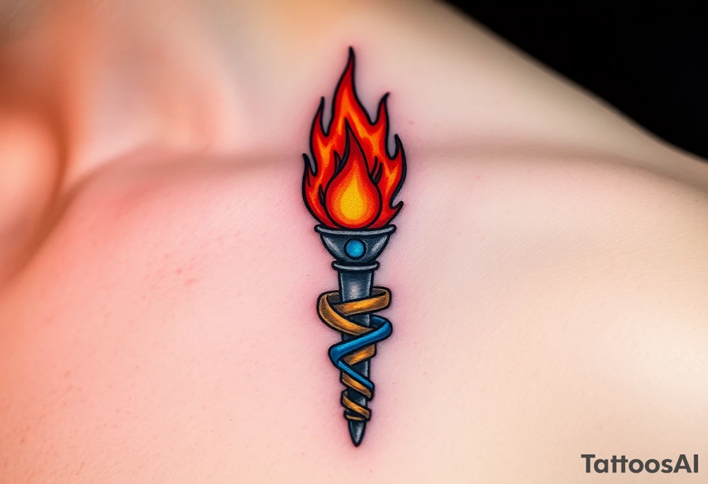 A blazing torch the handle wrapped in water, with intense red, blue, and gold hues. tattoo idea