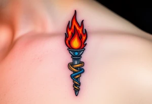 A blazing torch the handle wrapped in water, with intense red, blue, and gold hues. tattoo idea