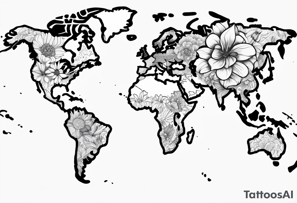 World map with floral design tattoo idea