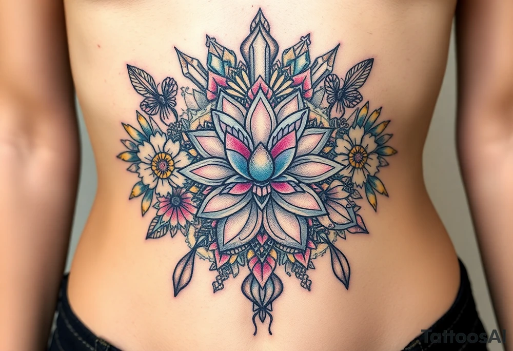 psychedelic  tattoo with crystals and  mandala style flowers and mushrooms bugs tattoo idea